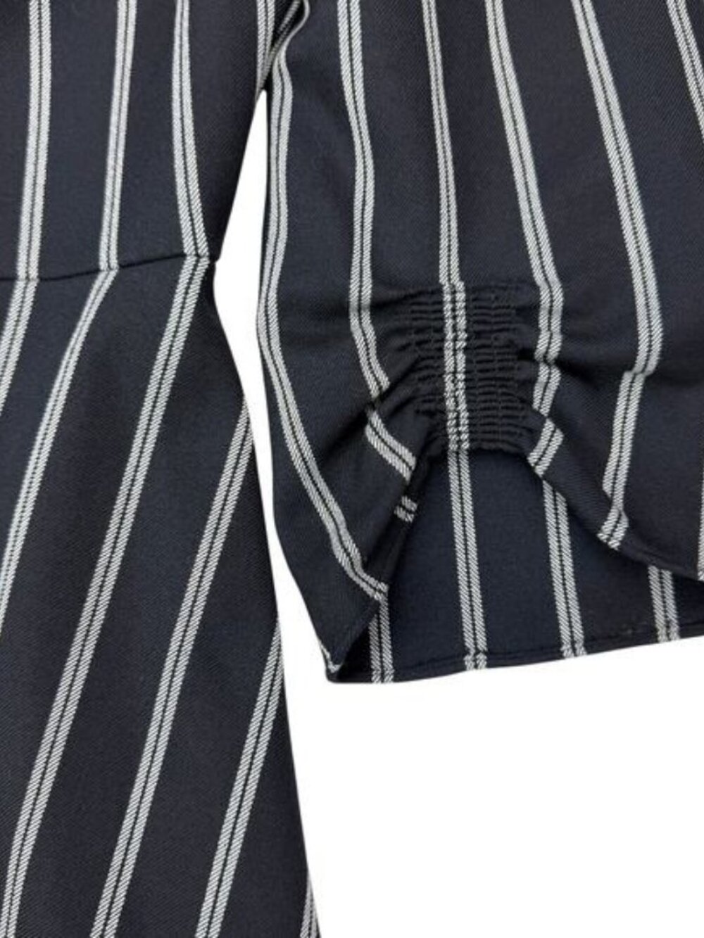 TIBI Felix Split Neck Gathered Blouson Sleeve Pinstripe Dress Size 2 Navy White - Picture 7 of 7